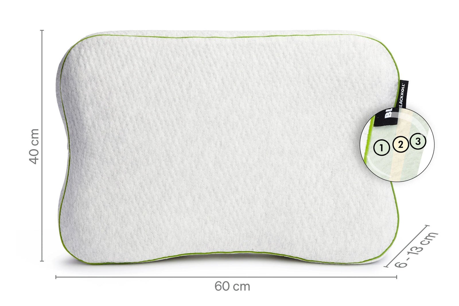 BLACKROLL Recovery Pillow Plus with dimension callouts and layer inset
